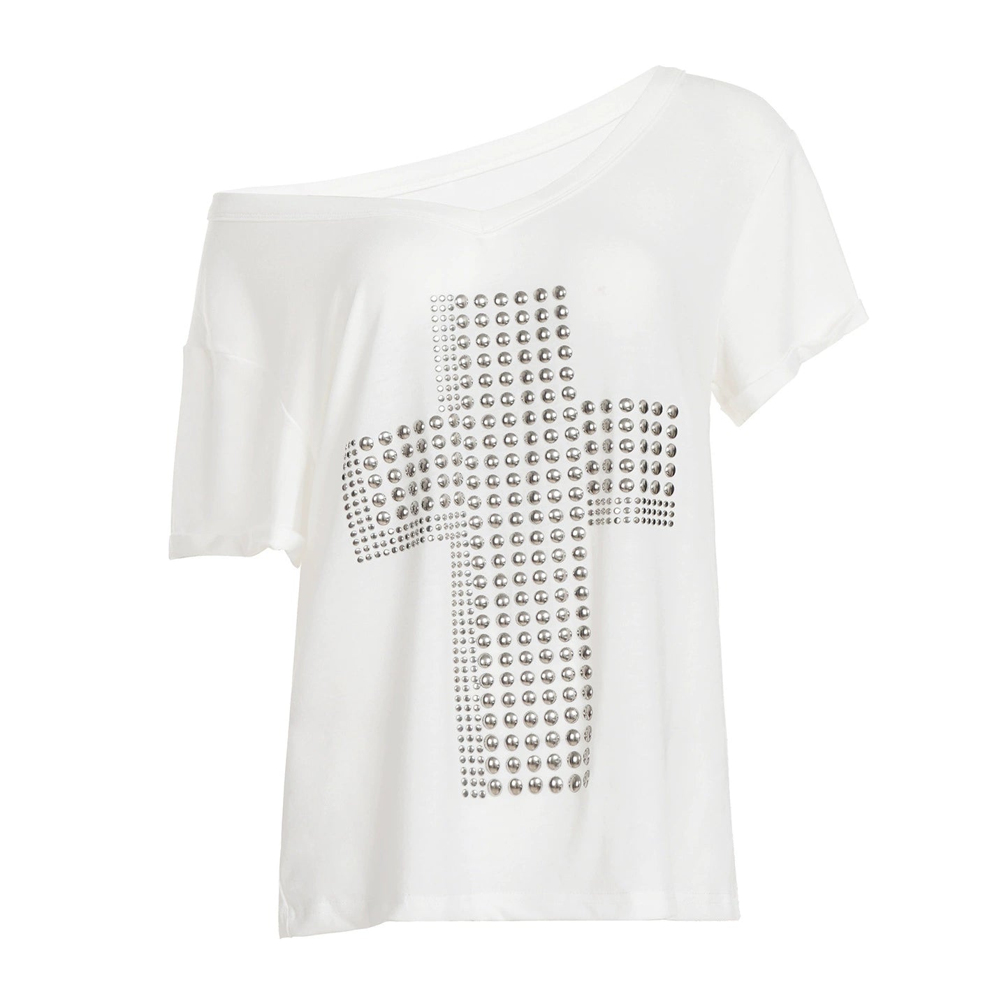 Rivet Cross Asymmetric V - Neck T - Shirt