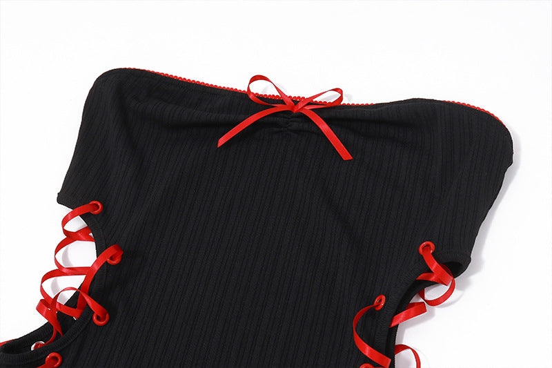 Red - Black Contrast Halter Lace - Up Dress