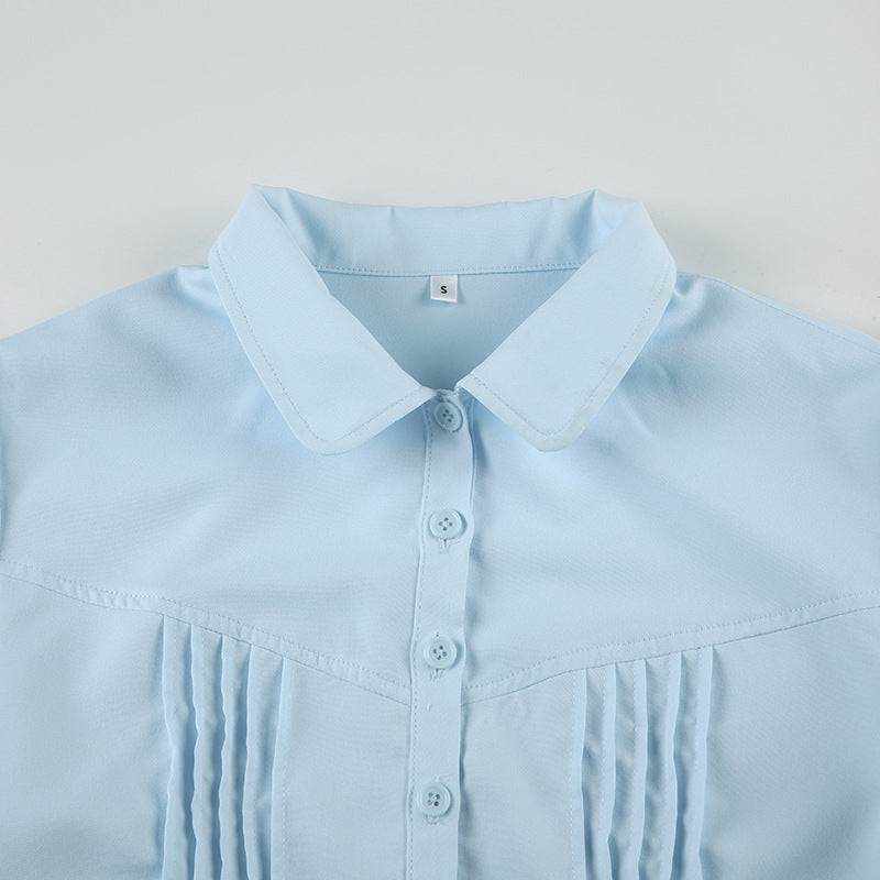 Elegant Collared Ruched White Blouse