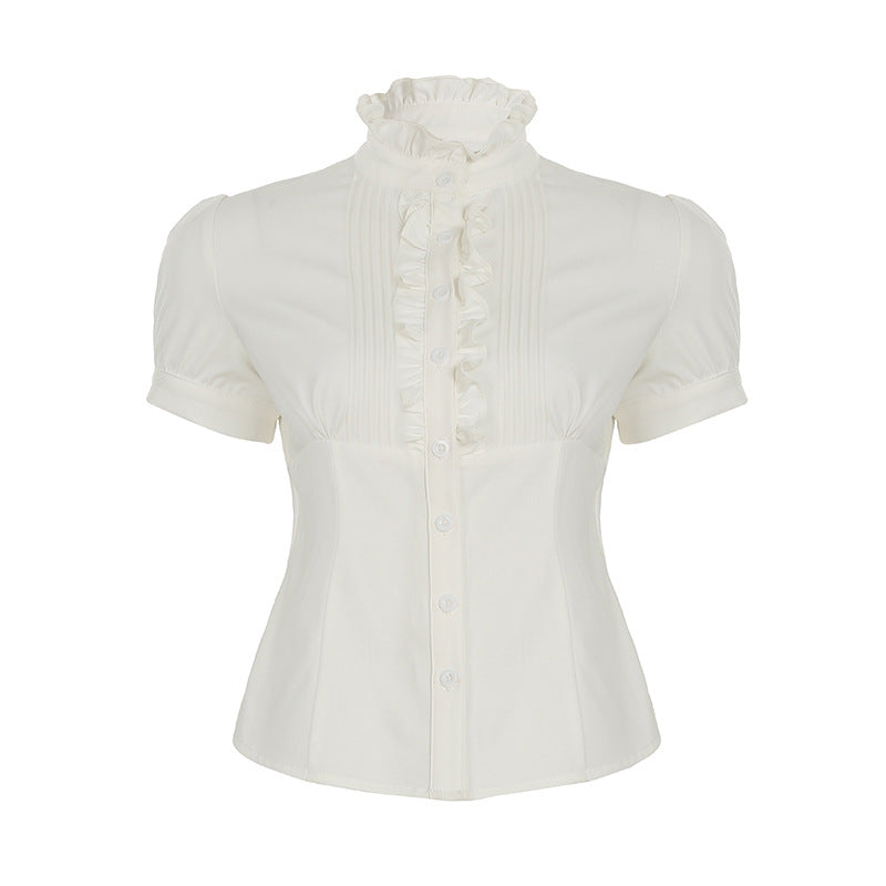Ruffled Mock Neck Puff - Sleeve Blouse