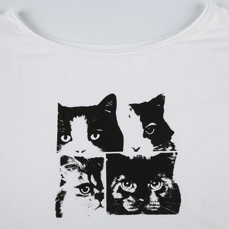 Cat - Printed Irregular Off - Shoulder Short - Sleeve T - Shirt