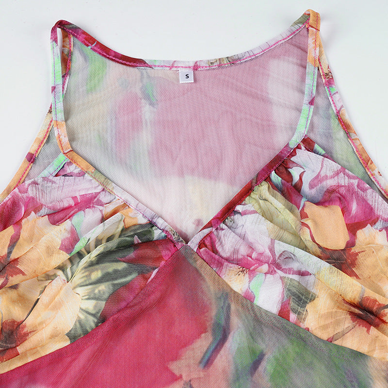 Vacation - style Floral Sheer Tie - Up Camisole