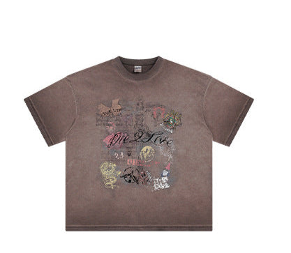 Printed Vintage Batik Faded Round-Neck T-Shirt