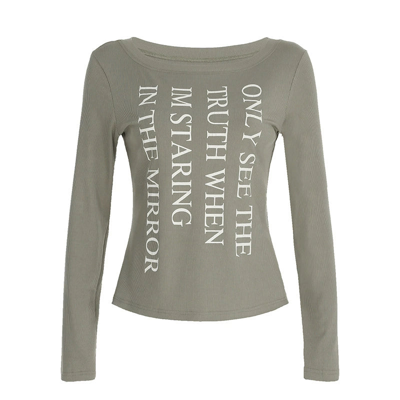 Lazy - Style Letter - Printed Off - Shoulder Long - Sleeve Top