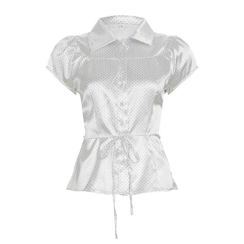Vintage Polka Dot Satin Blouse with Belt