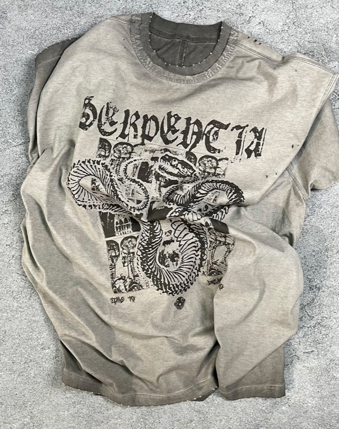 Reverse-Dyed Distressed Ripped Vintage Printed T-Shirt