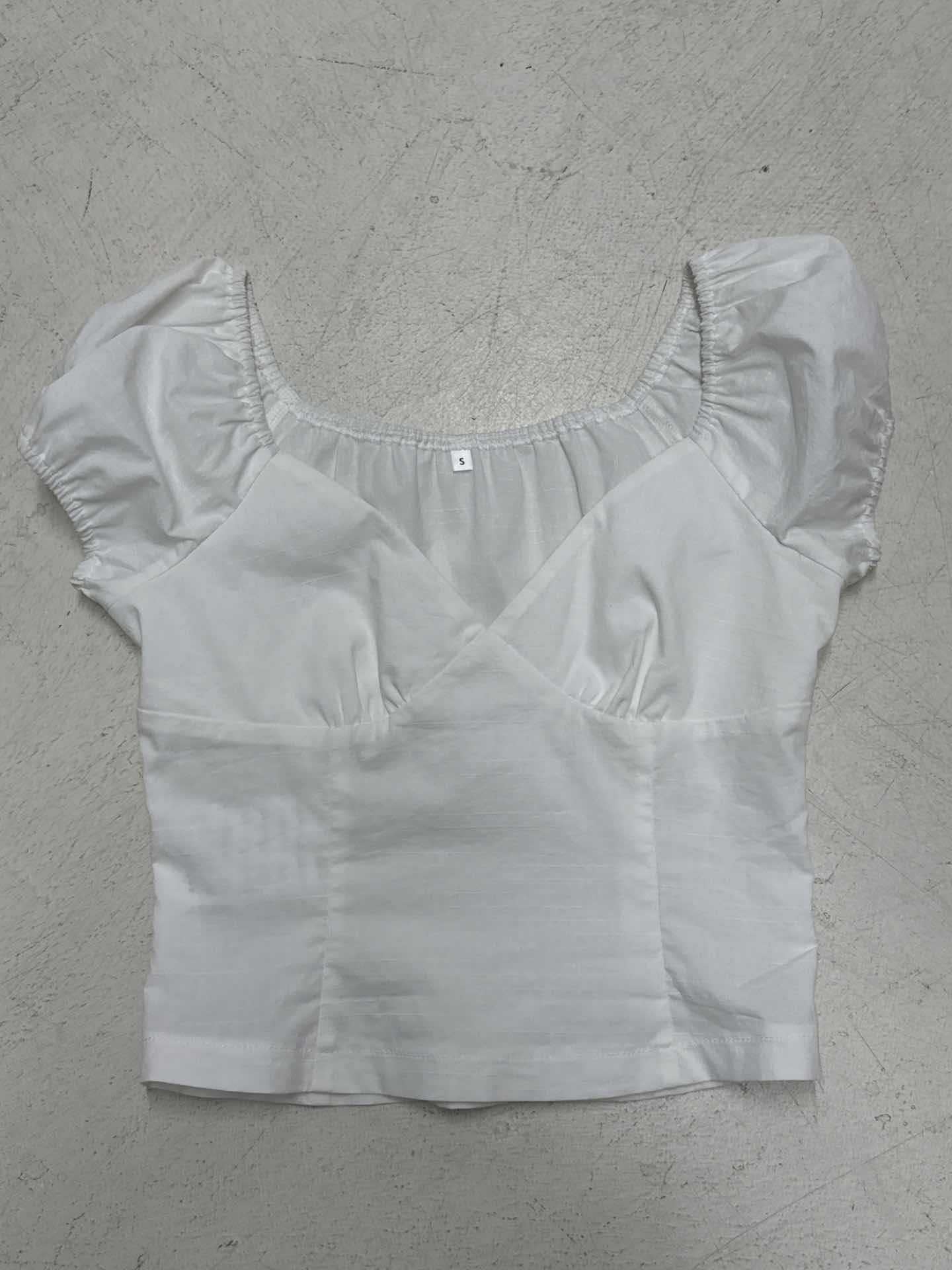 French - Style Deep - V Puff - Sleeve Waist - Cinched Crop Top