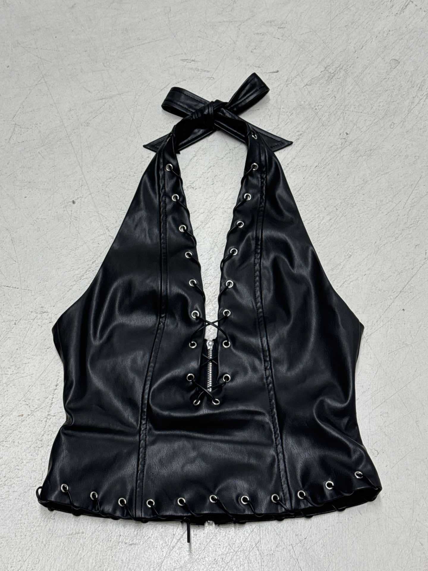 Punk Spice Girl Lace - Up Halter Leather Top