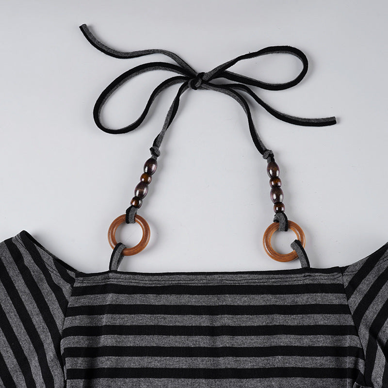 Romantic Striped Off - Shoulder Flared - Sleeve Crop Top