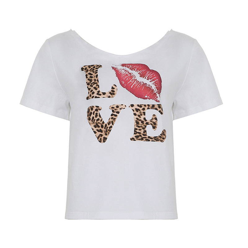 Leopard Lip Print LOVE Short - Sleeve T - Shirt
