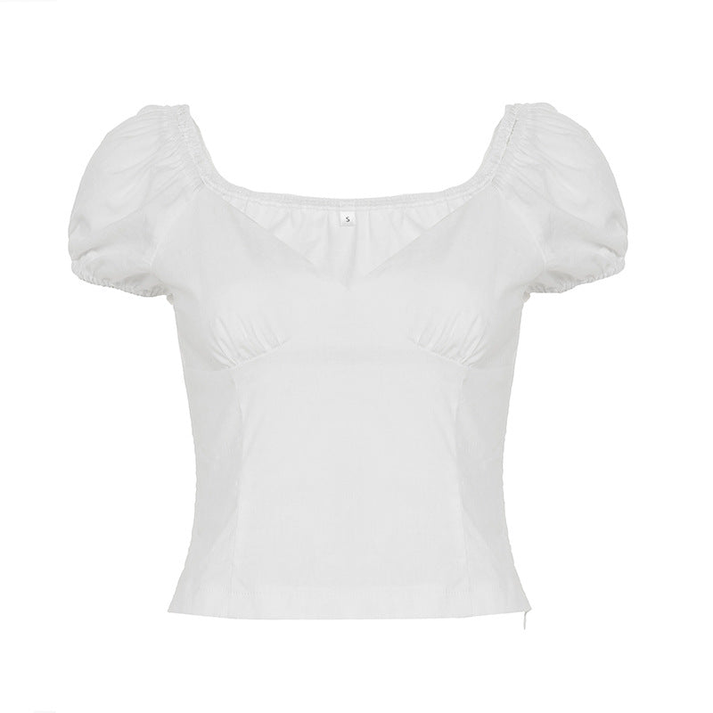 French - Style Deep - V Puff - Sleeve Waist - Cinched Crop Top