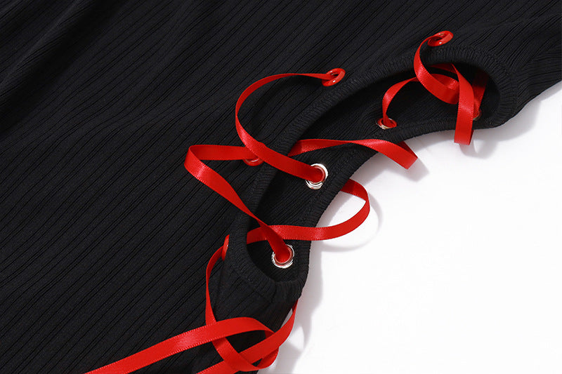 Red - Black Contrast Halter Lace - Up Dress