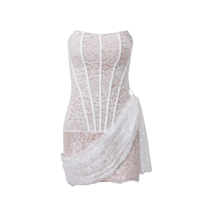 Lace Bandeau Asymmetric Mini Dress