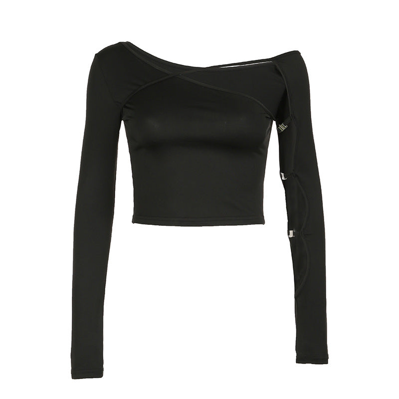Personalized - Cut Off - Shoulder Hollow - Out Long - Sleeve Crop Top