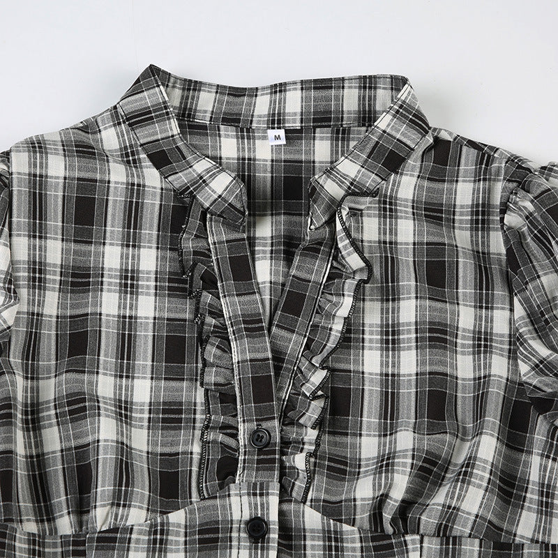 Vintage Plaid Puff - Sleeve Blouse with Ruffles