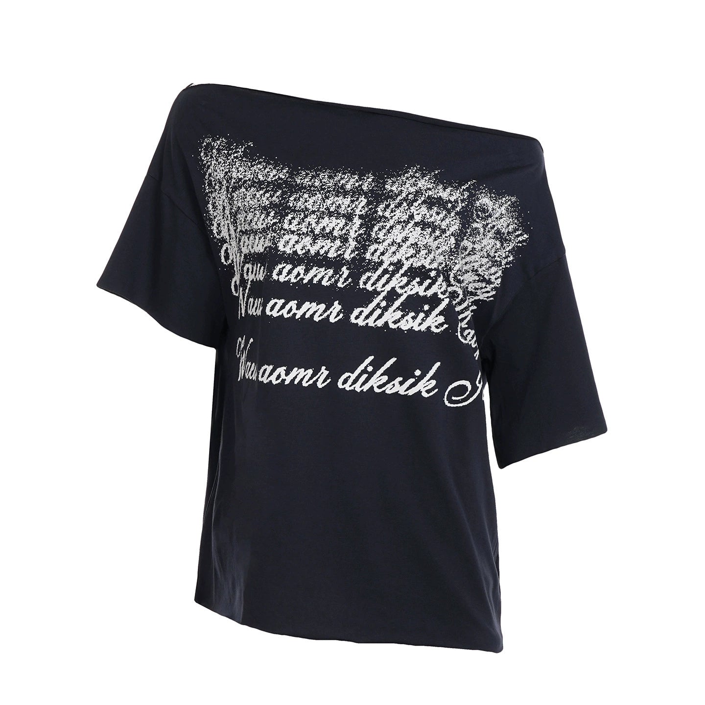 Letter - Printed Irregular Off - Shoulder Short - Sleeve Top