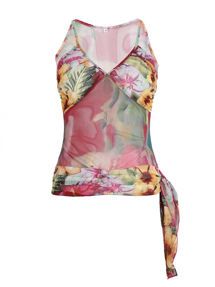 Vacation - style Floral Sheer Tie - Up Camisole