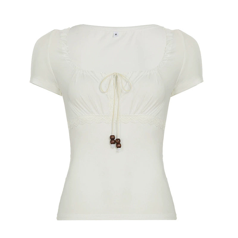 Vintage Square - Neck Lace - Paneled Tie - Up Crop Top