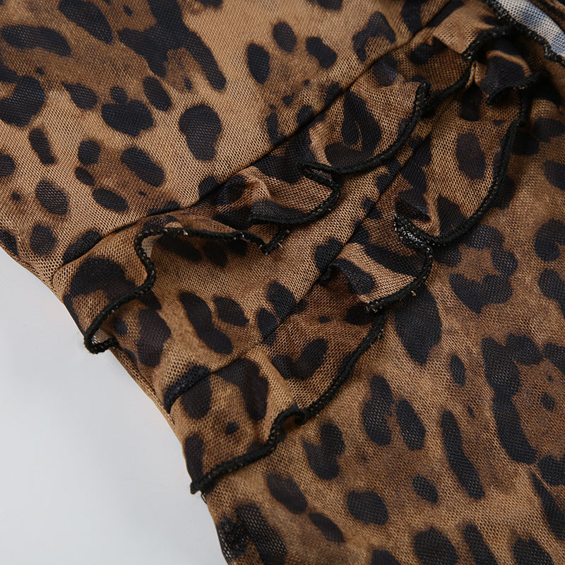 Leopard Print Sheer Ruffle Tie - Front Cardigan
