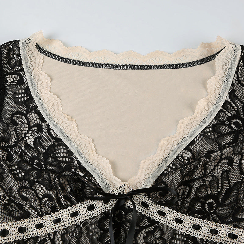 Sexy Lace Color - Block Strappy Flare - Sleeve Top