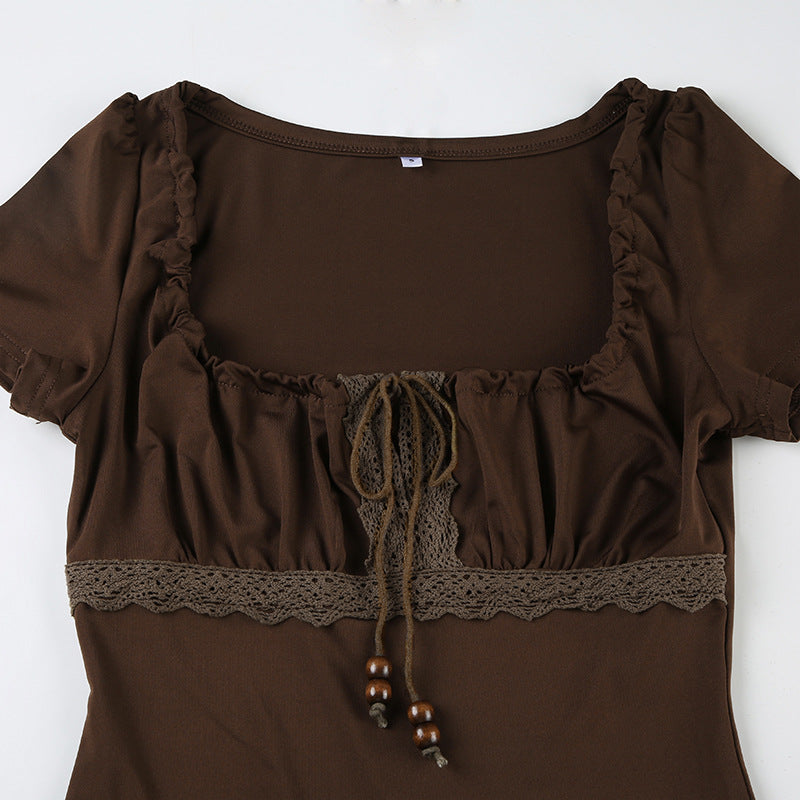 Vintage Square - Neck Lace - Paneled Tie - Up Crop Top