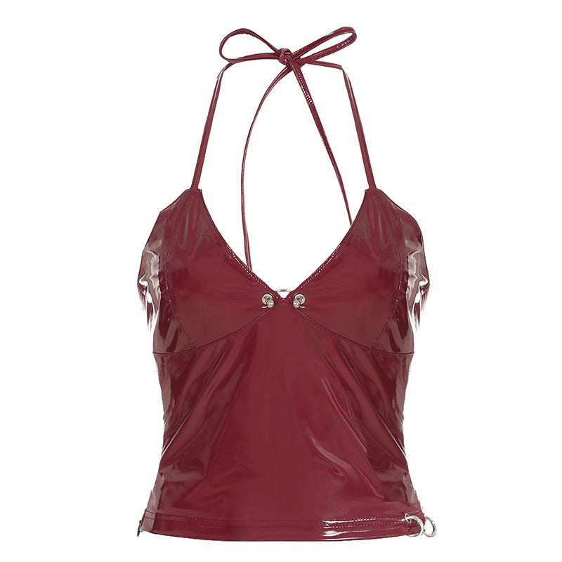 Sexy Patent Leather Metal - Buckle Halter Spice Top