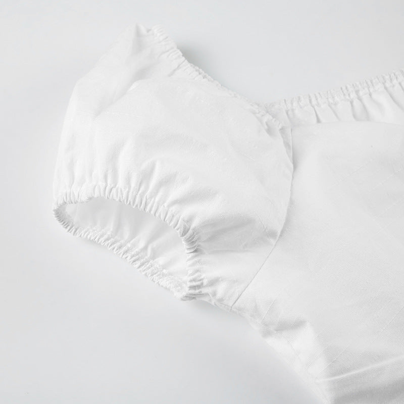 French - Style Deep - V Puff - Sleeve Waist - Cinched Crop Top