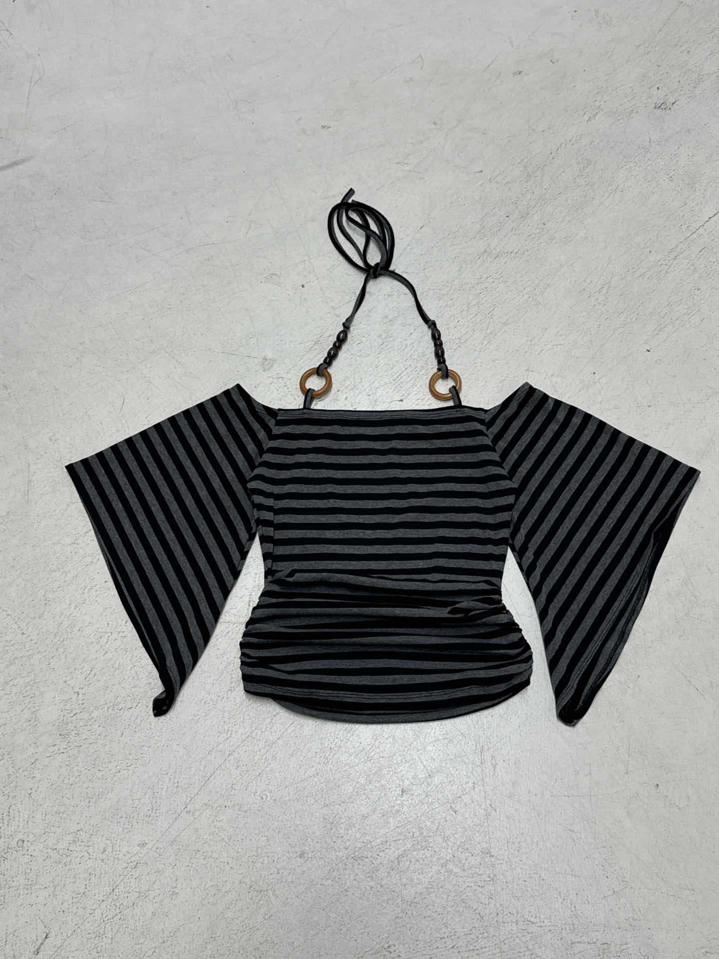 Romantic Striped Off - Shoulder Flared - Sleeve Crop Top