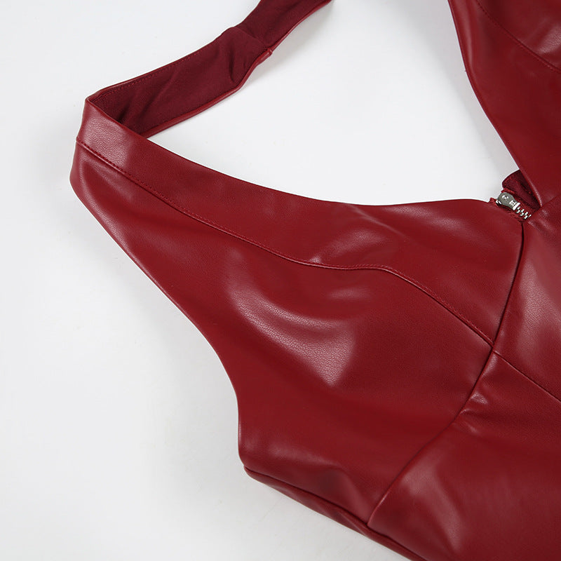 Sexy Leather Halter Deep - V Crop Top