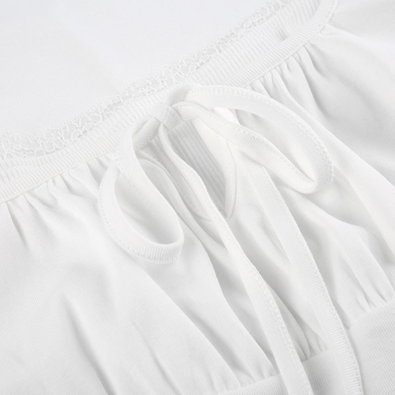 Lace Square - Neck Tie - Up Slim Long - Sleeve Top