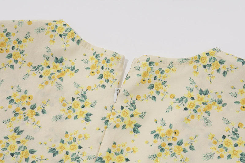French Retro Yellow - Flower Mini Dress