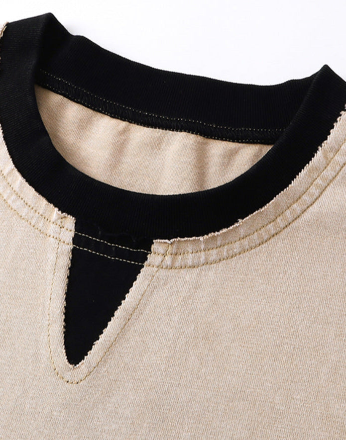 Color-Block Layered Fake Two-Piece Batik Washed Distressed Loose-Fit Cotton T-Shirt