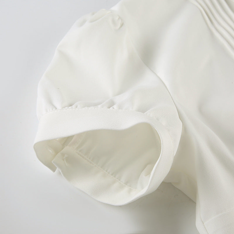 Ruffled Mock Neck Puff - Sleeve Blouse