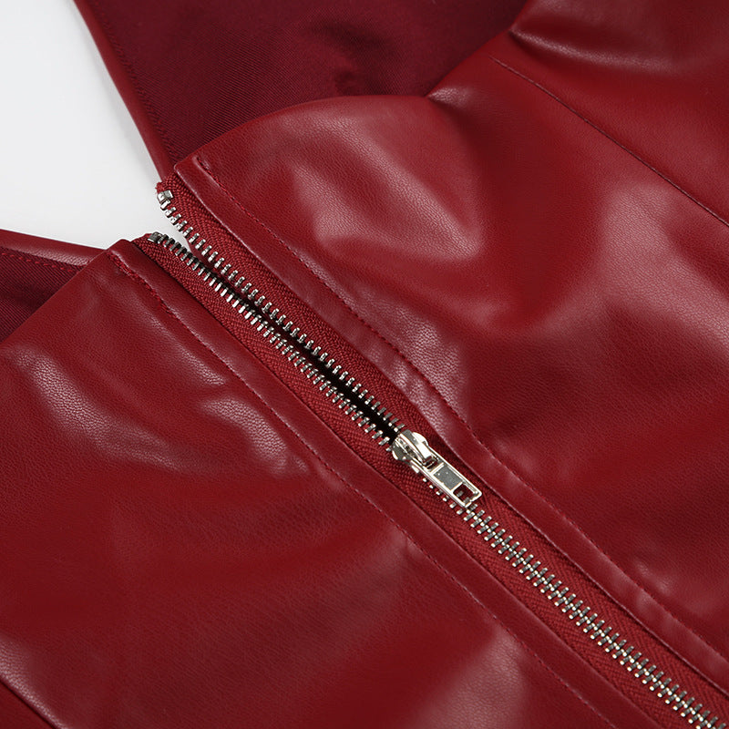 Sexy Leather Halter Deep - V Crop Top