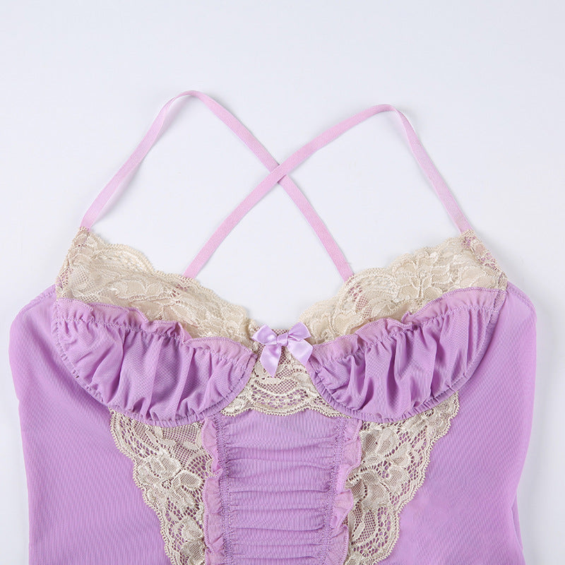 Lace Panel Color-Block Mesh Purple Camisole