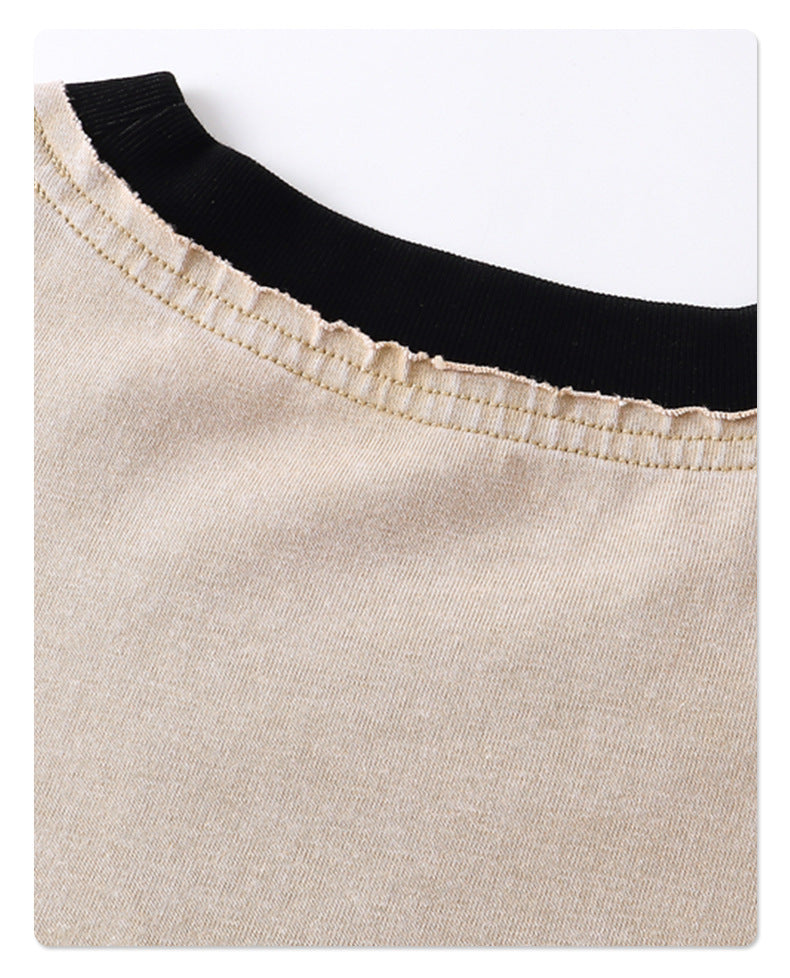 Color-Block Layered Fake Two-Piece Batik Washed Distressed Loose-Fit Cotton T-Shirt