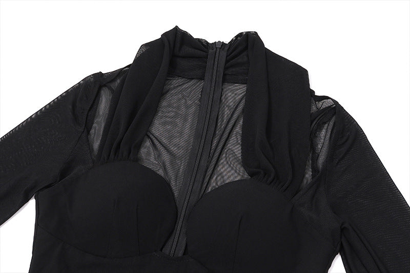 Mesh - Panel Halter Bodycon Dress