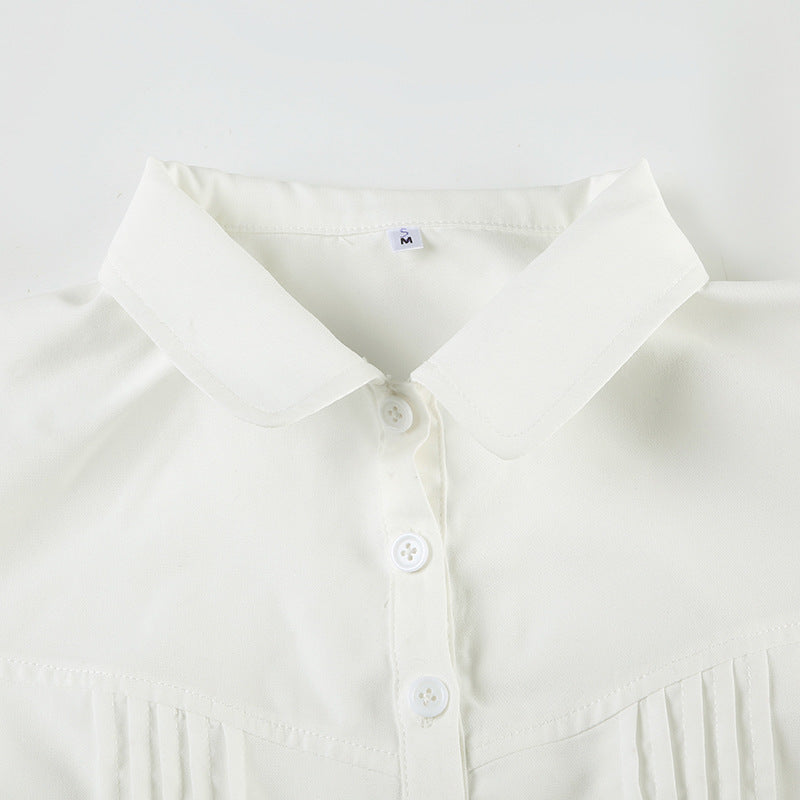 Elegant Collared Ruched White Blouse