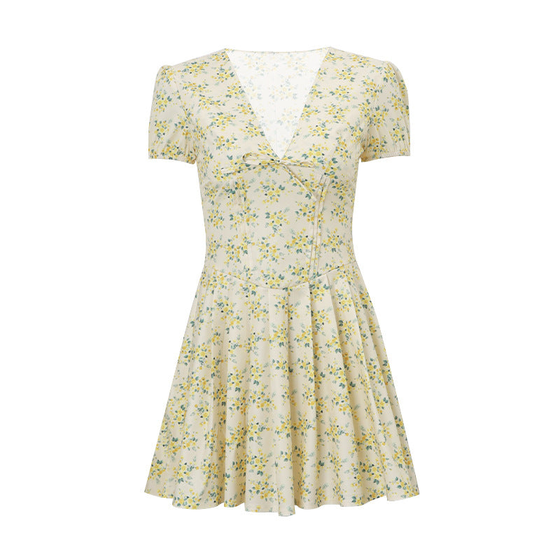 French Retro Yellow - Flower Mini Dress