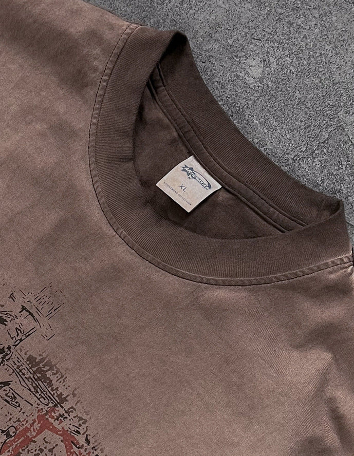 Printed Vintage Batik Faded Round-Neck T-Shirt