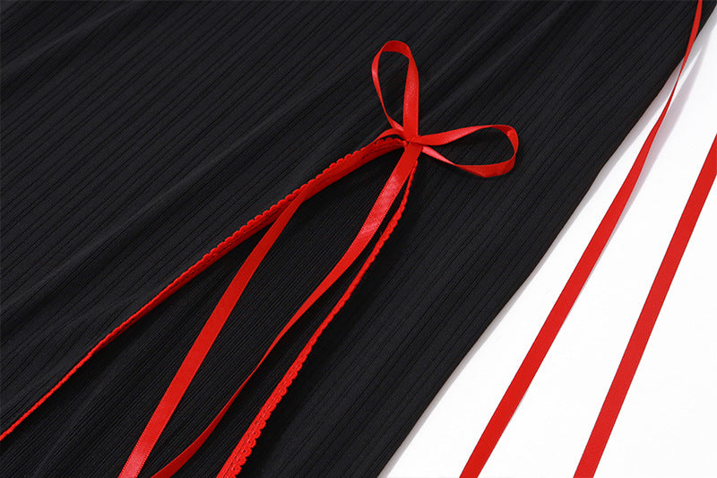 Red - Black Contrast Halter Lace - Up Dress