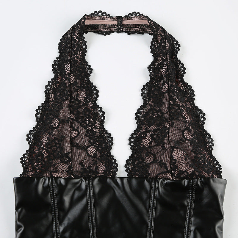 Lace - Leather Paneled Halter Corset Top