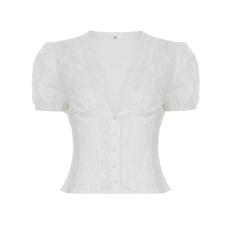 Vintage French Lace - Up Embroidered Blouse