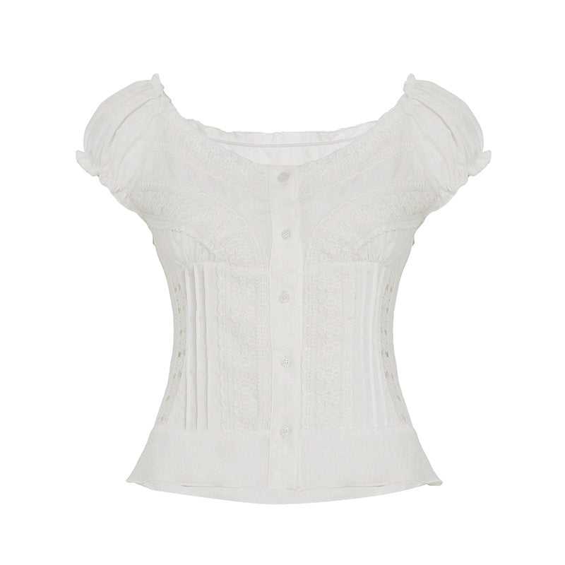 Lace - Trimmed Corset Top with Ruffled Sleeves