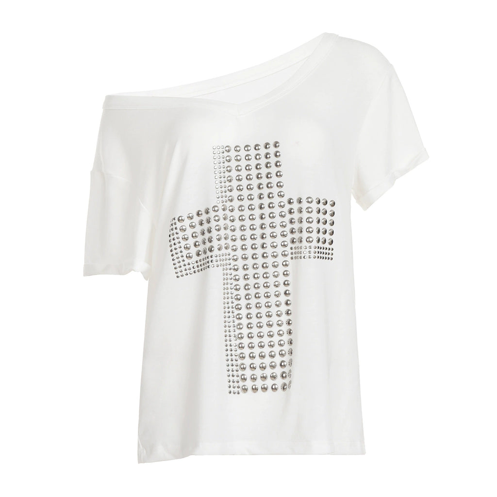 Rivet Cross Asymmetric V - Neck T - Shirt