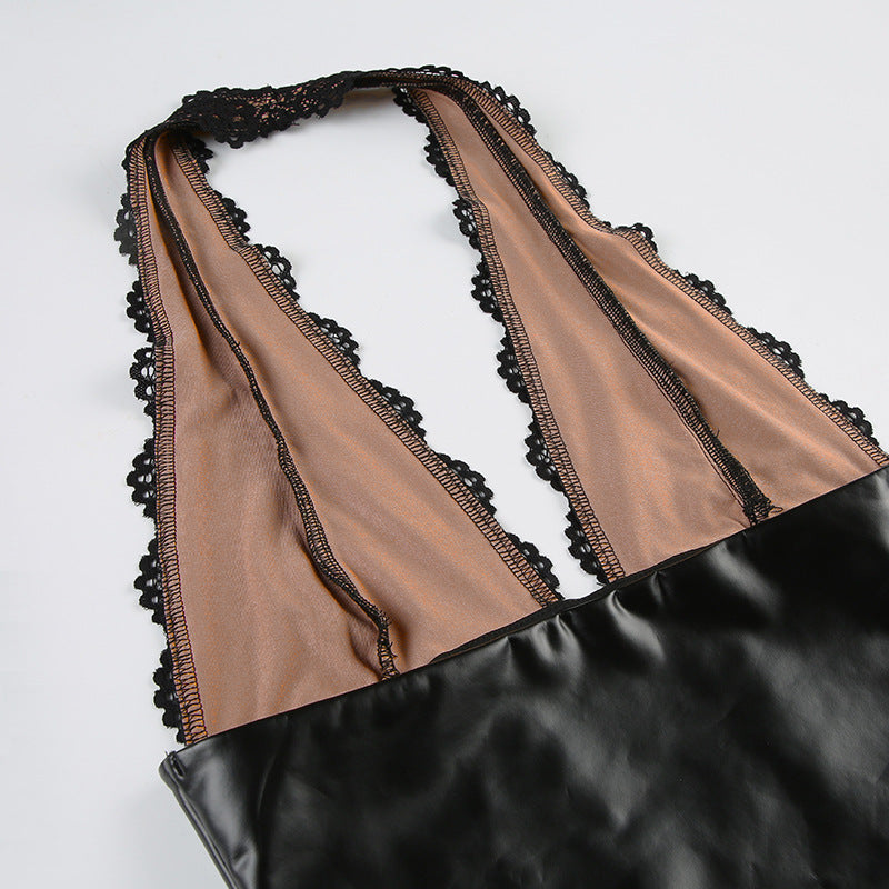 Lace - Leather Paneled Halter Corset Top