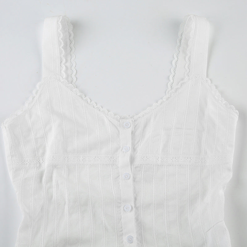 Lace - Trimmed Button - Down White Camisole Top