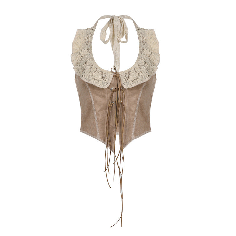 intage Lace - Collar Fringe - Tied Suede Vest