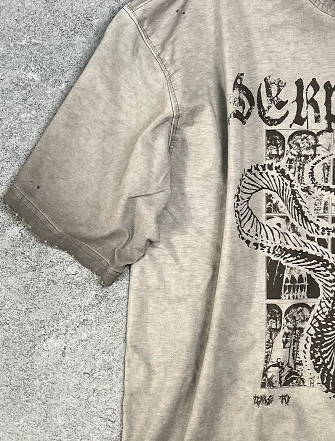 Reverse-Dyed Distressed Ripped Vintage Printed T-Shirt