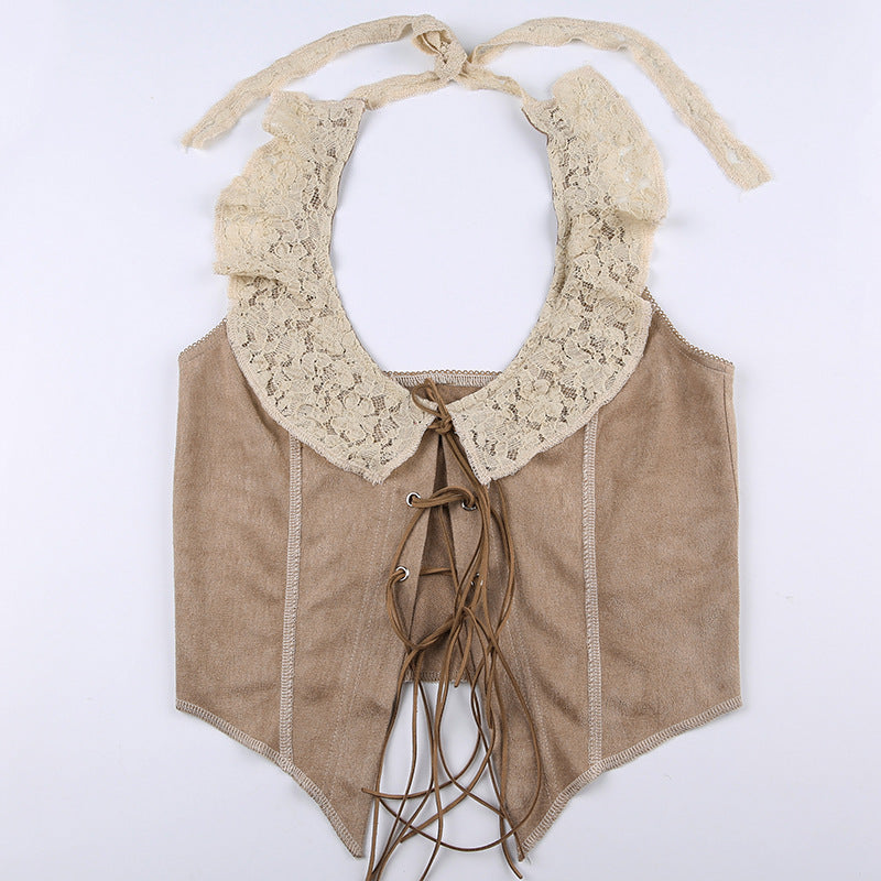 intage Lace - Collar Fringe - Tied Suede Vest
